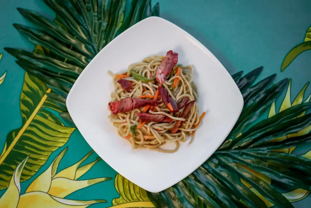 Chow Mein Noodles w/Char Siu Pork (the green onion garnish is on the side)
